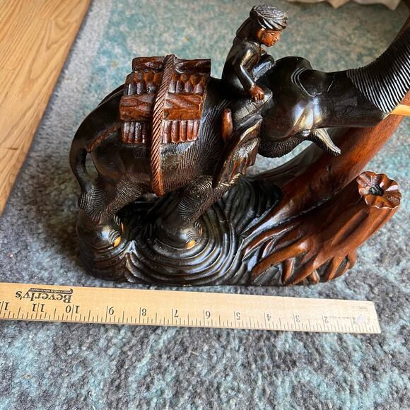 Large Wooden Elephant Staue Sculpture Vintage hand carved Carving trunk up - Picture 12 of 12
